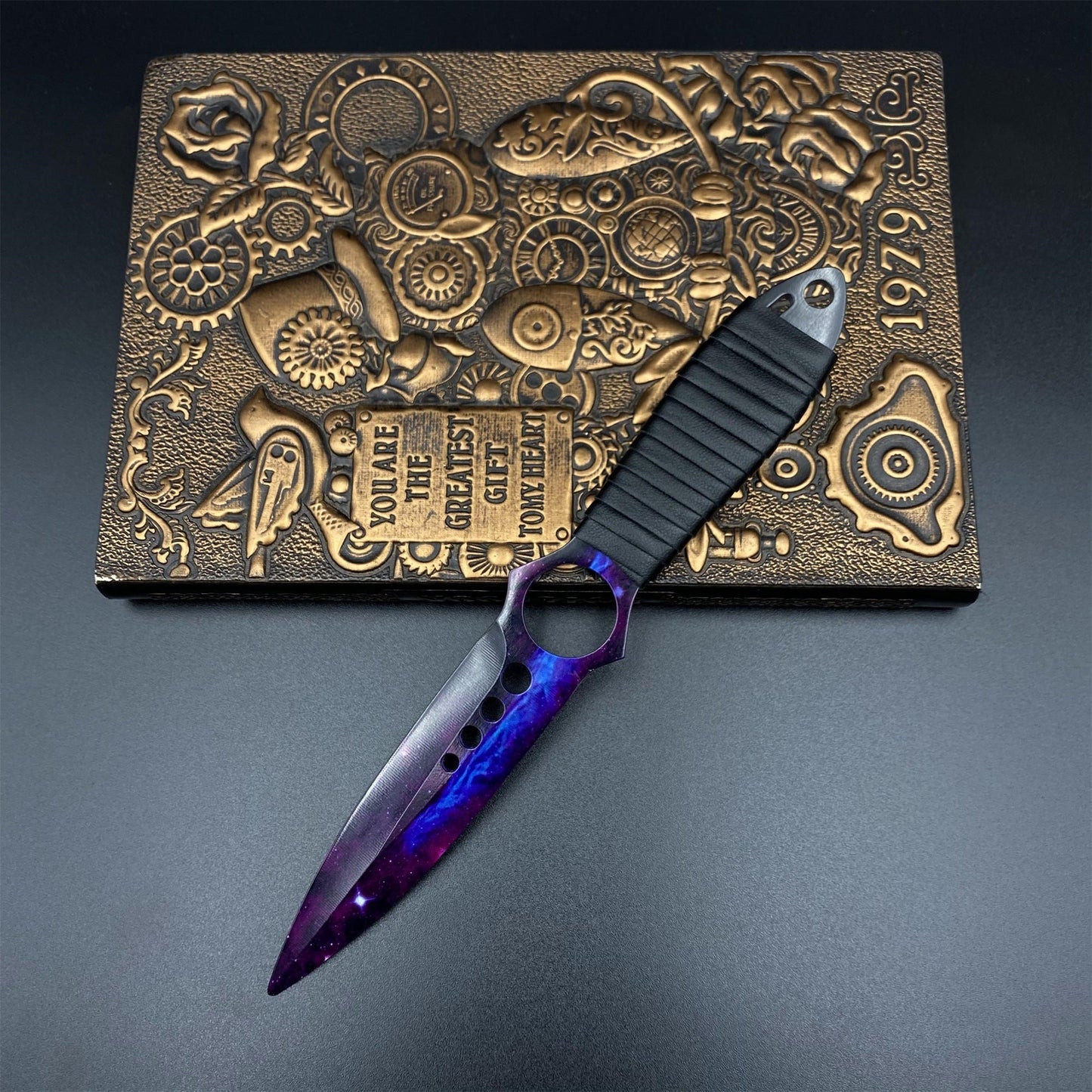 420 Steel Replica CS2 Skeleton Knife Doppler Galaxy Dull Blade,Purple Galaxy Dagger Model  For Game Collection