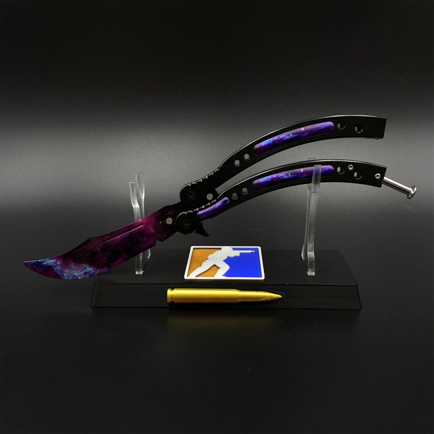 CS2 Butterfly Knife Galaxy Balisong Replica - Unsharpened Game Prop Collectible with Display Stand