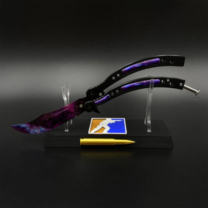 CS2 Butterfly Knife Galaxy Balisong Replica - Unsharpened Game Prop Collectible with Display Stand