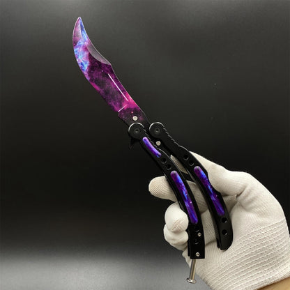 CS2 Butterfly Knife Galaxy Balisong Replica - Unsharpened Game Prop Collectible with Display Stand