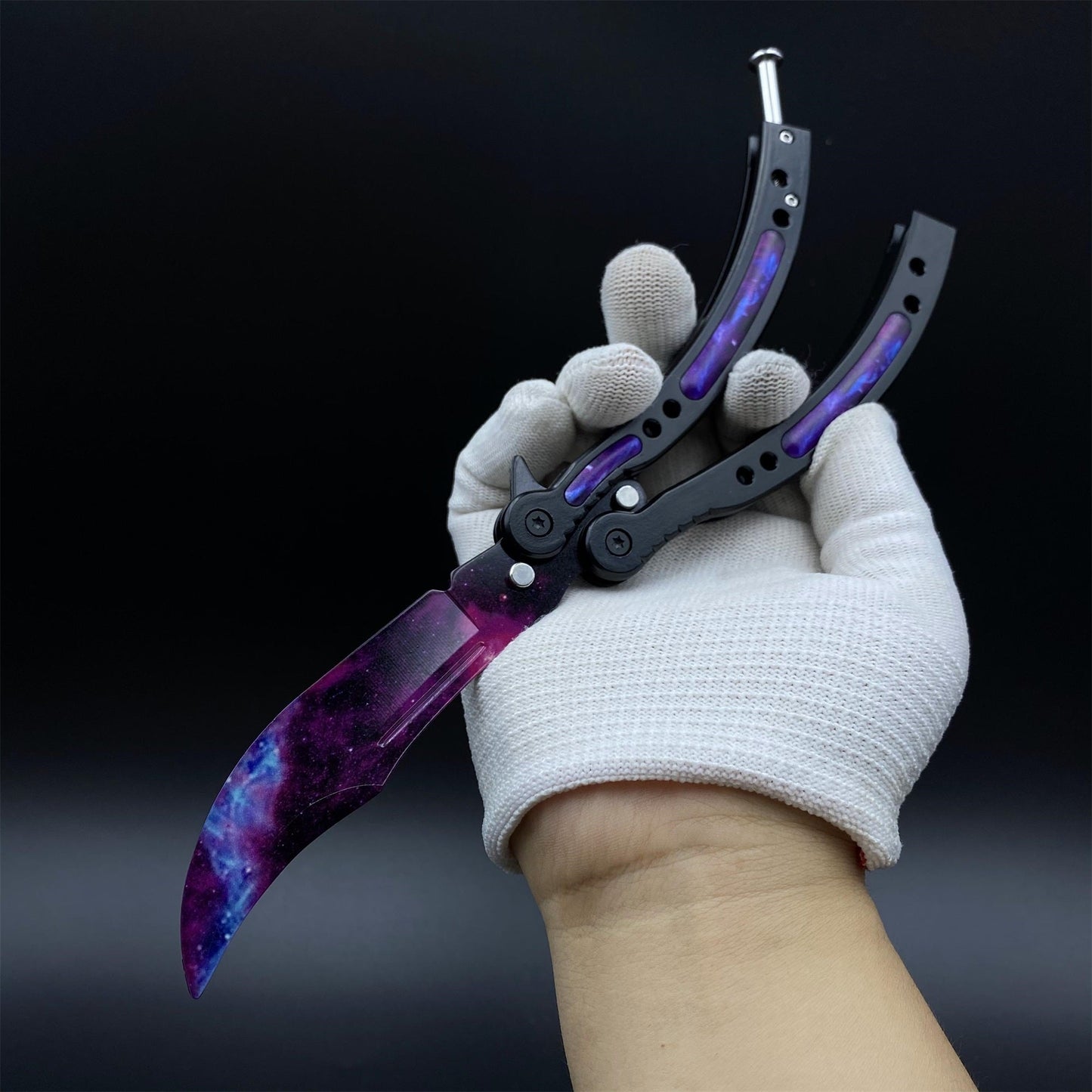 CS2 Butterfly Knife Galaxy Balisong Replica - Unsharpened Game Prop Collectible with Display Stand