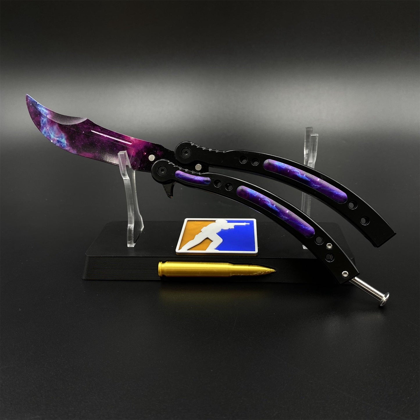 CS2 Butterfly Knife Galaxy Balisong Replica - Unsharpened Game Prop Collectible with Display Stand
