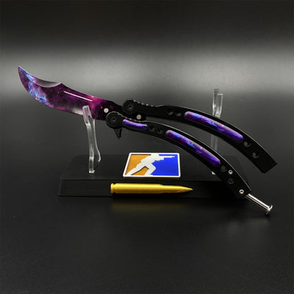 CS2 Butterfly Knife Galaxy Balisong Replica - Unsharpened Game Prop Collectible with Display Stand