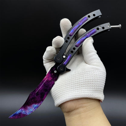 CS2 Butterfly Knife Galaxy Balisong Replica - Unsharpened Game Prop Collectible with Display Stand