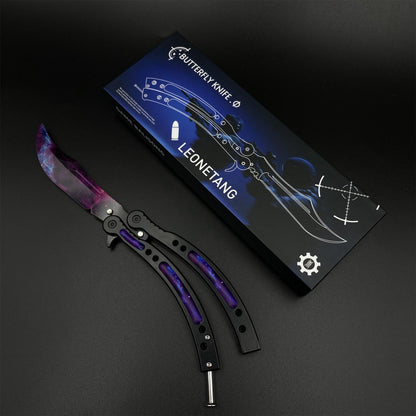 CS2 Butterfly Knife Galaxy Balisong Replica - Unsharpened Game Prop Collectible with Display Stand