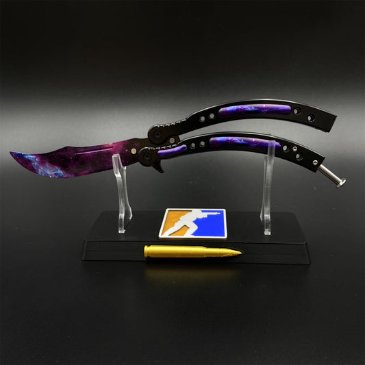 CS2 Butterfly Knife Galaxy Balisong Replica - Unsharpened Game Prop Collectible with Display Stand