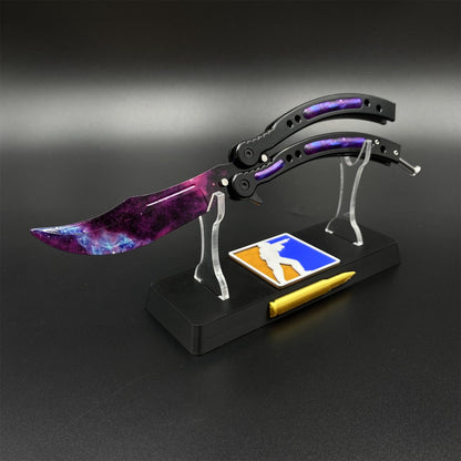 CS2 Butterfly Knife Galaxy Balisong Replica - Unsharpened Game Prop Collectible with Display Stand