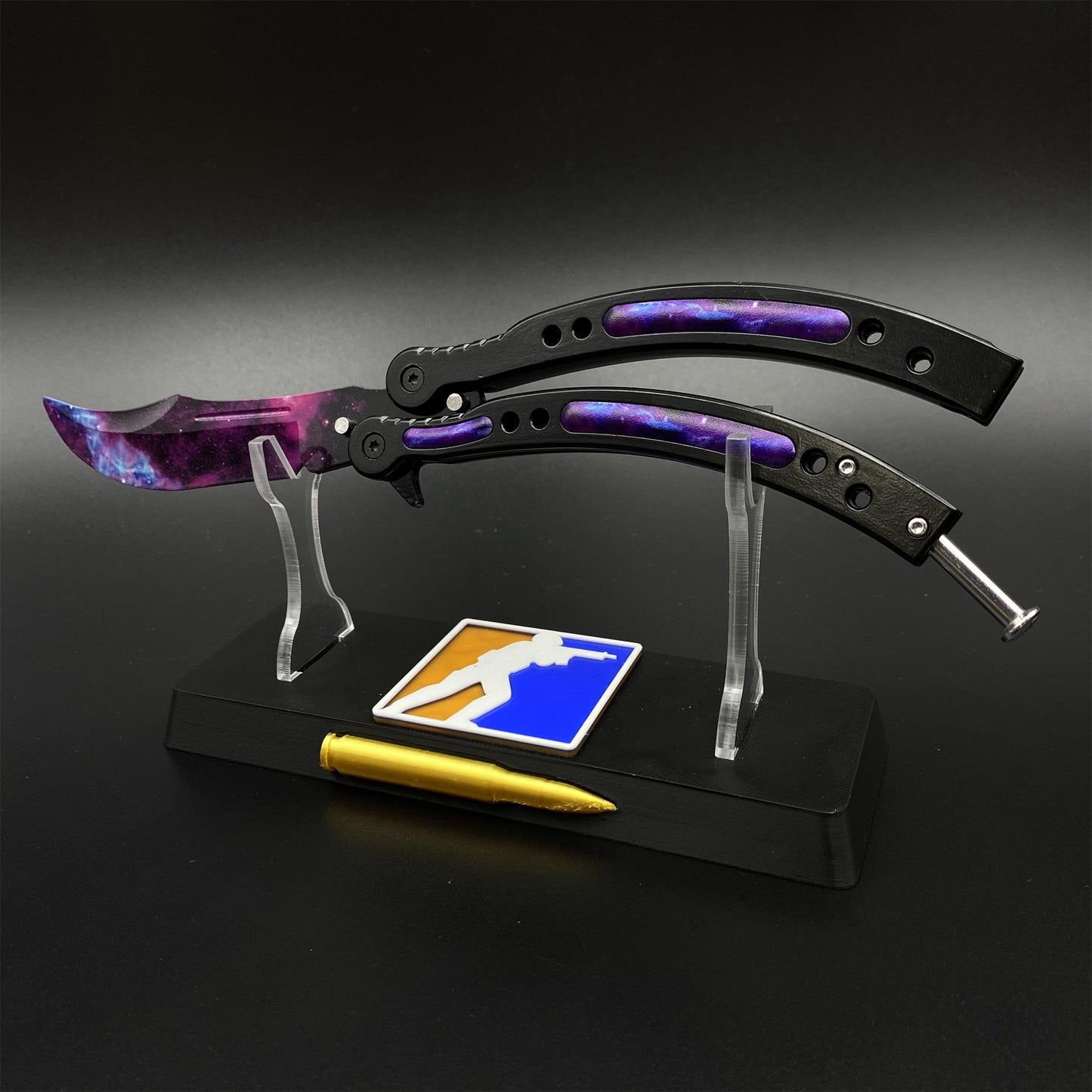 CS2 Butterfly Knife Galaxy Balisong Replica - Unsharpened Game Prop Collectible with Display Stand