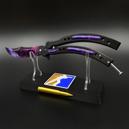CS2 Butterfly Knife Galaxy Balisong Replica - Unsharpened Game Prop Collectible with Display Stand