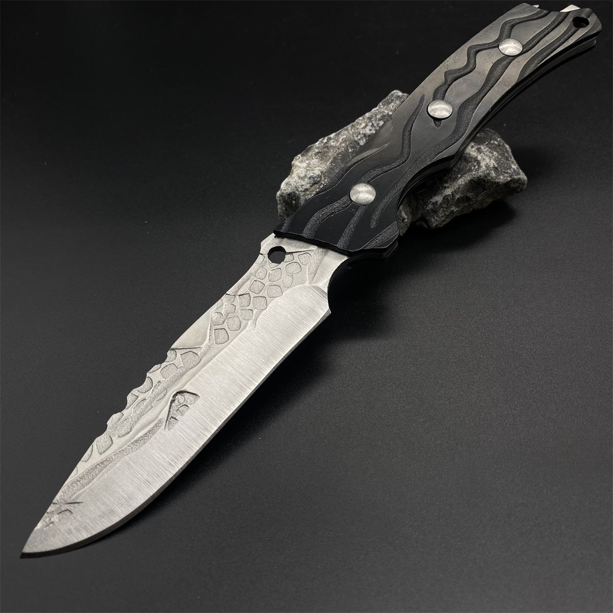 Black Meteorite  Handle Steel Pattern Knife