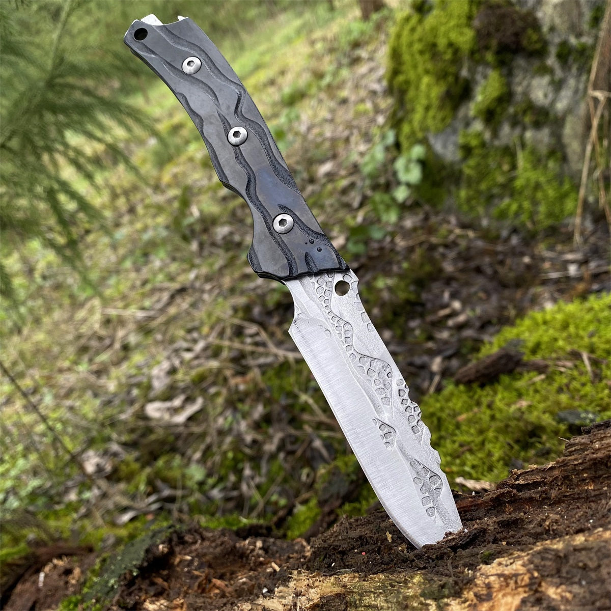 Black Meteorite  Handle Steel Pattern Knife