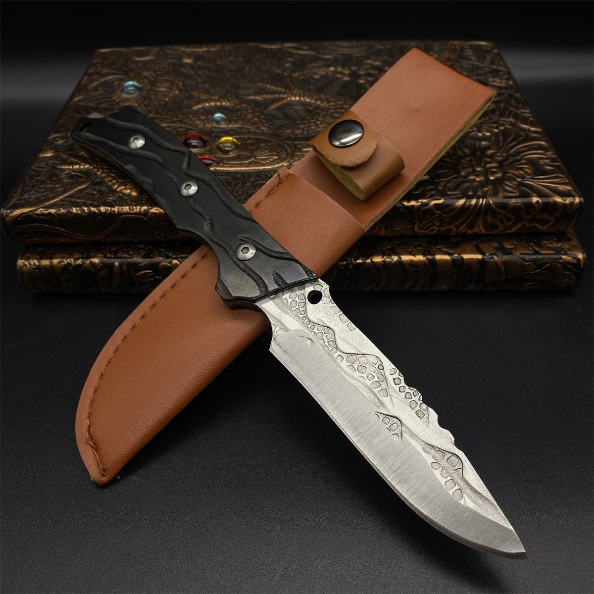 Black Meteorite  Handle Steel Pattern Knife