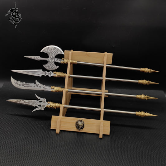 Hand-Forged Long-Handle Weapon Mini Steel Spear 4 In 1 Pack With Stand