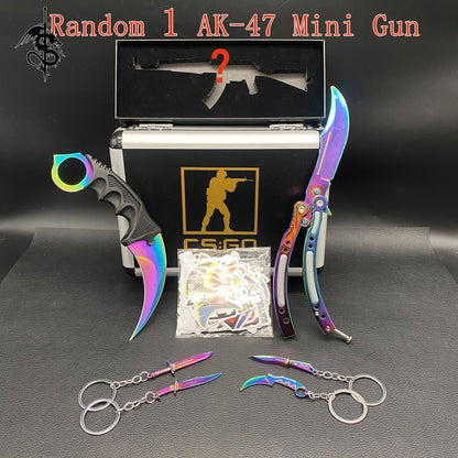 Titanium Blue Skin Balisong & Stickers & 4 Keychains &Random 1 AK With Gift Case