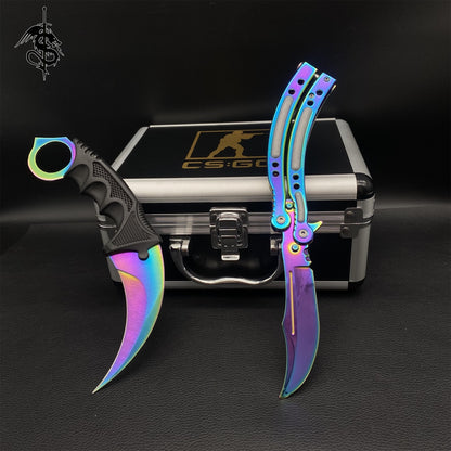 Titanium Blue Skin Balisong & Stickers & 4 Keychains &Random 1 AK With Gift Case