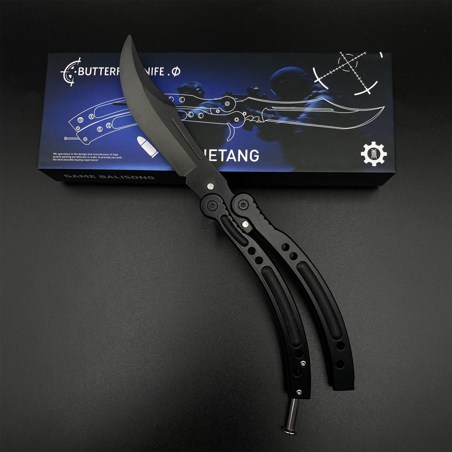 CS2 Night Skin Butterfly Knife Balisong Replica, Unsharpened Game Prop Collectible with Display Stand