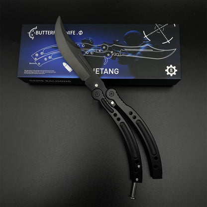 CS2 Night Skin Butterfly Knife Balisong Replica, Unsharpened Game Prop Collectible with Display Stand