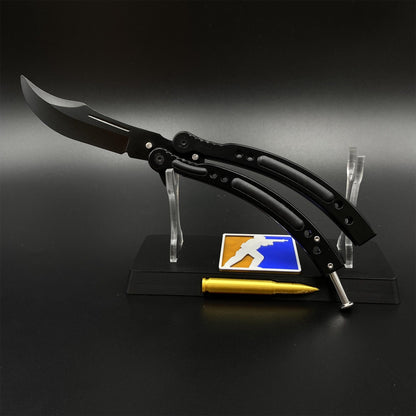 CS2 Night Skin Butterfly Knife Balisong Replica, Unsharpened Game Prop Collectible with Display Stand