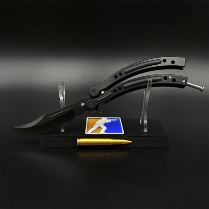 CS2 Night Skin Butterfly Knife Balisong Replica, Unsharpened Game Prop Collectible with Display Stand