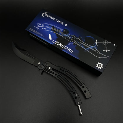 CS2 Night Skin Butterfly Knife Balisong Replica, Unsharpened Game Prop Collectible with Display Stand