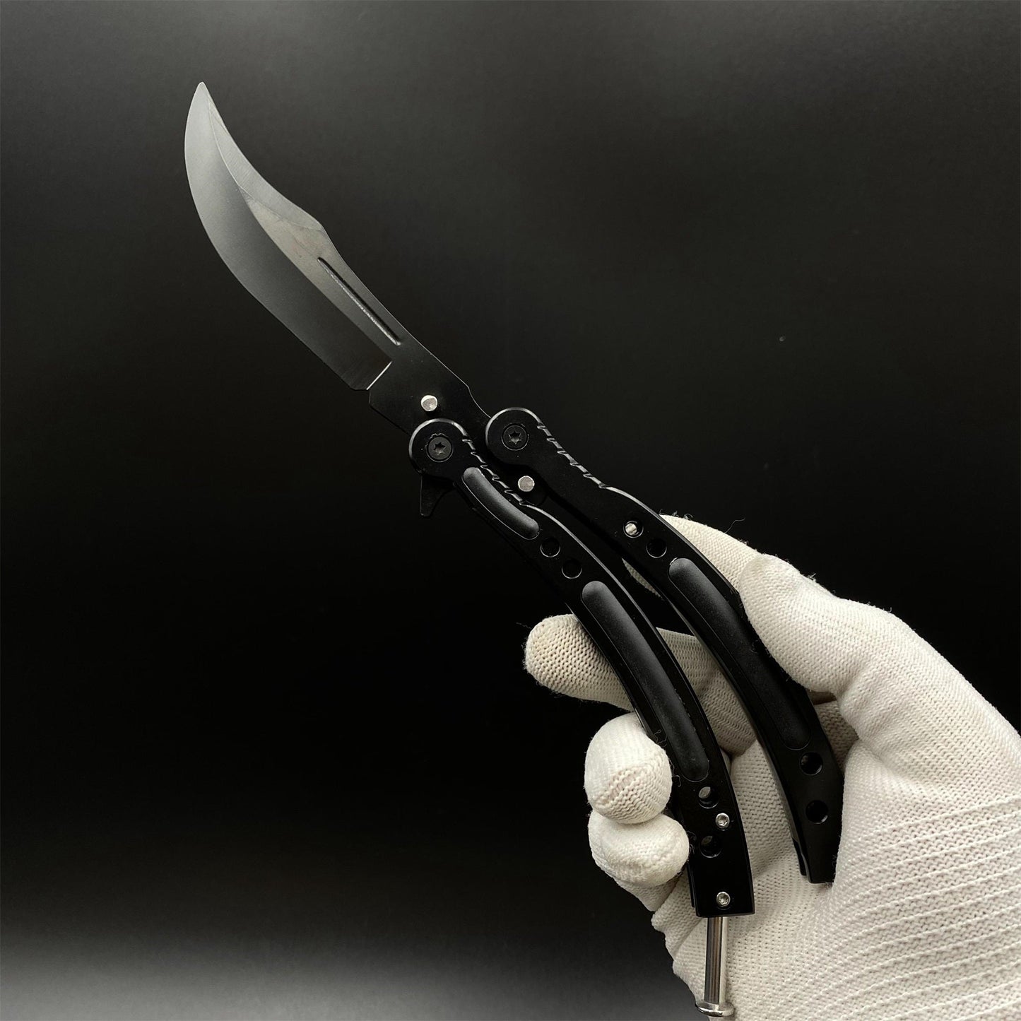 CS2 Night Skin Butterfly Knife Balisong Replica, Unsharpened Game Prop Collectible with Display Stand