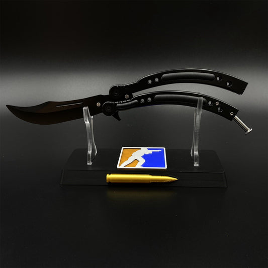 CS2 Night Skin Butterfly Knife Balisong Replica, Unsharpened Game Prop Collectible with Display Stand