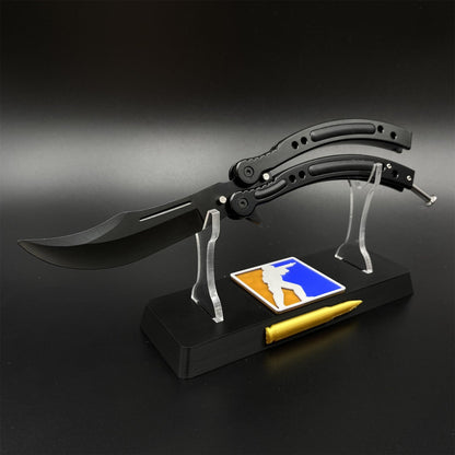 CS2 Night Skin Butterfly Knife Balisong Replica, Unsharpened Game Prop Collectible with Display Stand