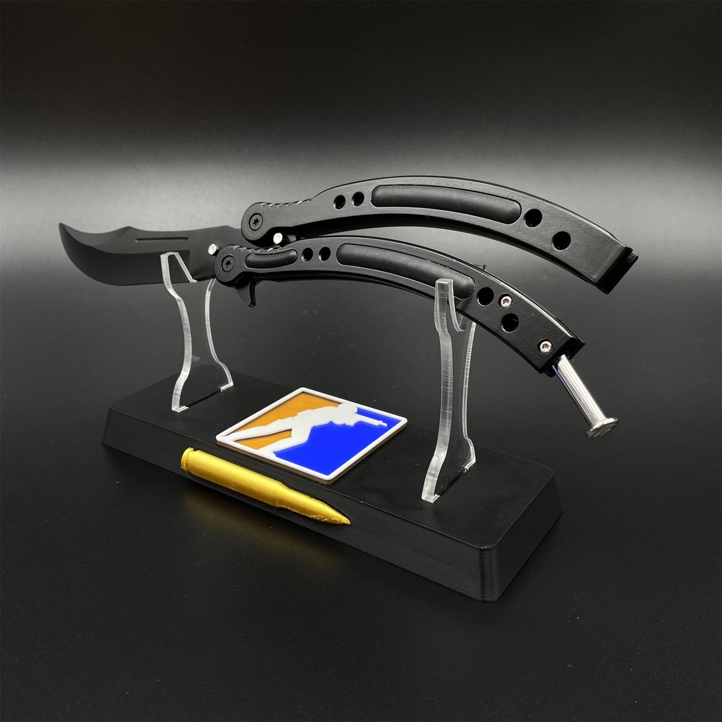 CS2 Night Skin Butterfly Knife Balisong Replica, Unsharpened Game Prop Collectible with Display Stand