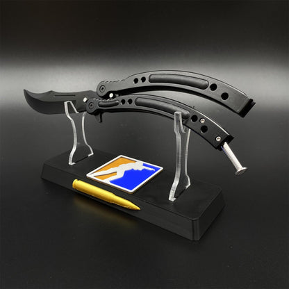 CS2 Night Skin Butterfly Knife Balisong Replica, Unsharpened Game Prop Collectible with Display Stand