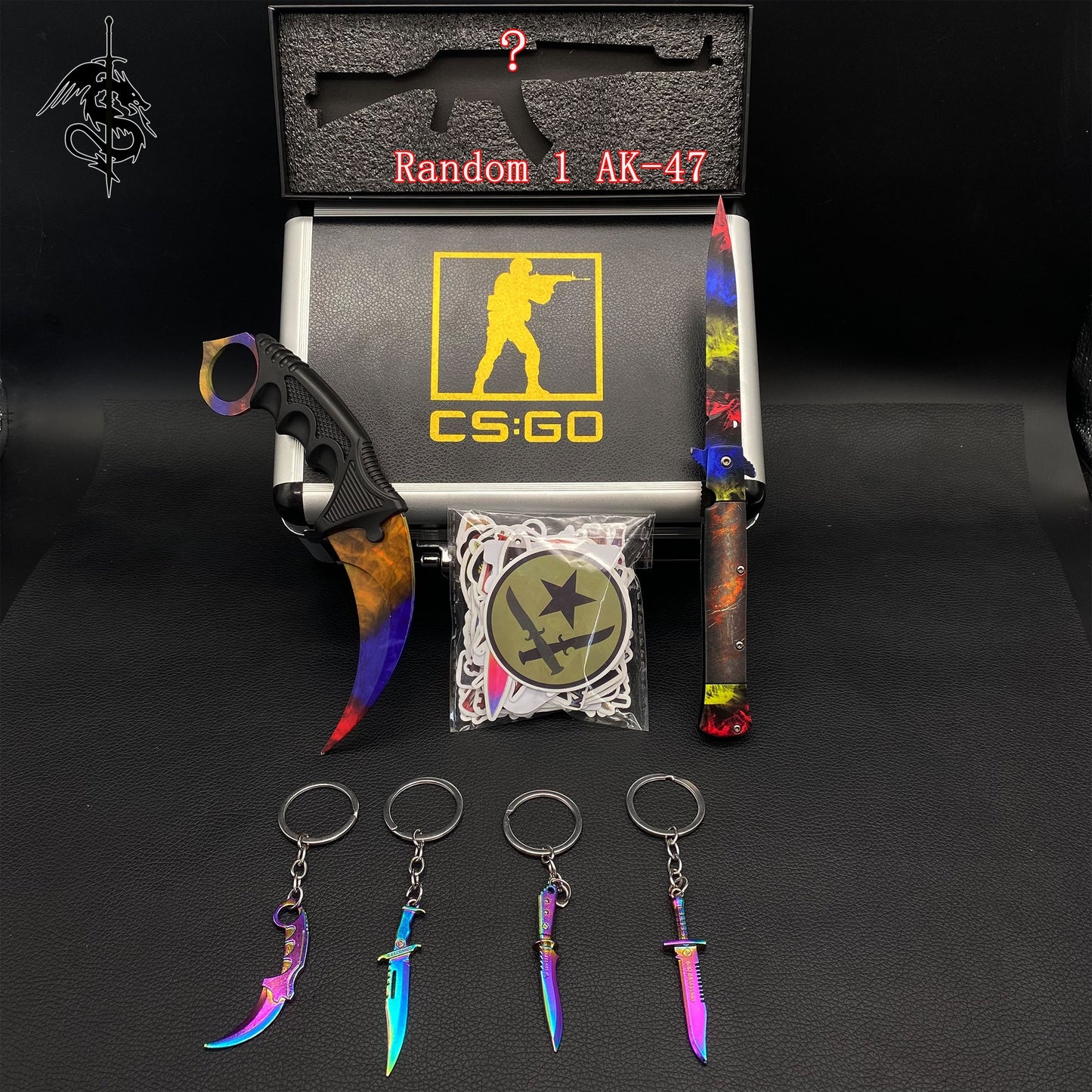 Marble Fade Skin Stiletto Knife & Karambit & Stickers & 4 Keychains & Random 1 AK With Gift Case