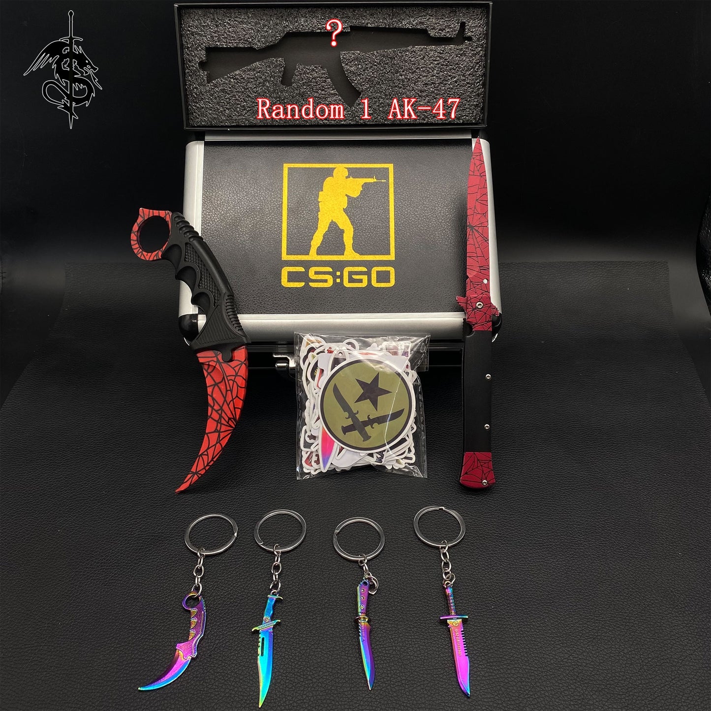 Crimson Web Skin Stiletto Knife & Karambit & Stickers & 4 Keychains & Random 1 AK With Gift Case