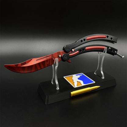 Hot Game CS2 Crimson Web Butterfly Knife Balisong Collectible Replica with Display Base