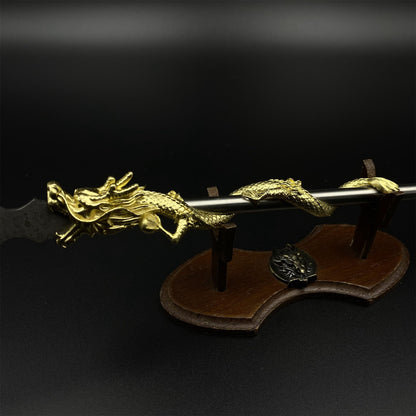Hand-Forged Damascus Steel Golden Dragon Guan Dao Miniature 41CM/16.1"