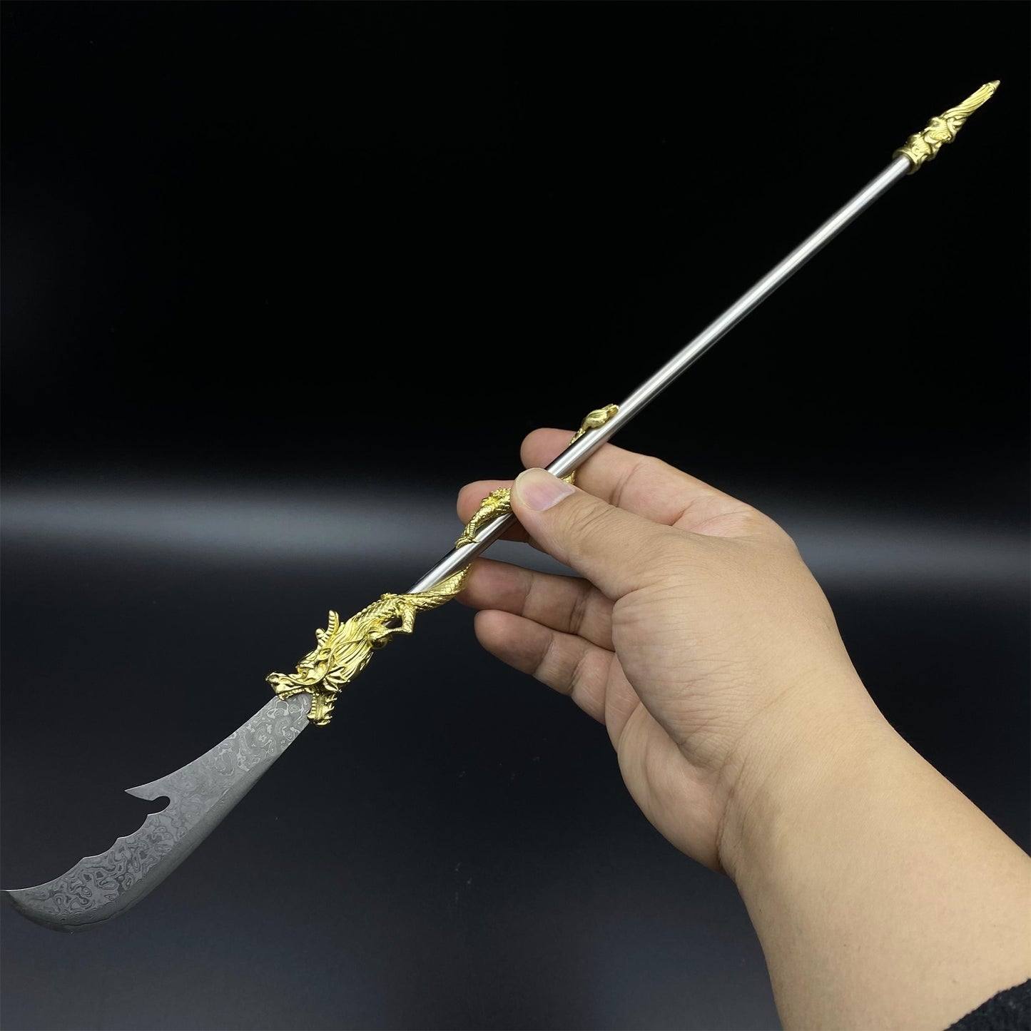 Hand-Forged Damascus Steel Golden Dragon Guan Dao Miniature 41CM/16.1"
