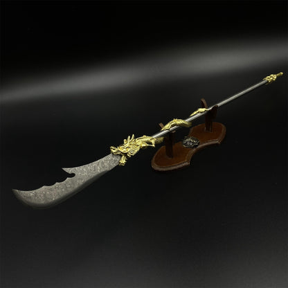 Hand-Forged Damascus Steel Golden Dragon Guan Dao Miniature 41CM/16.1"