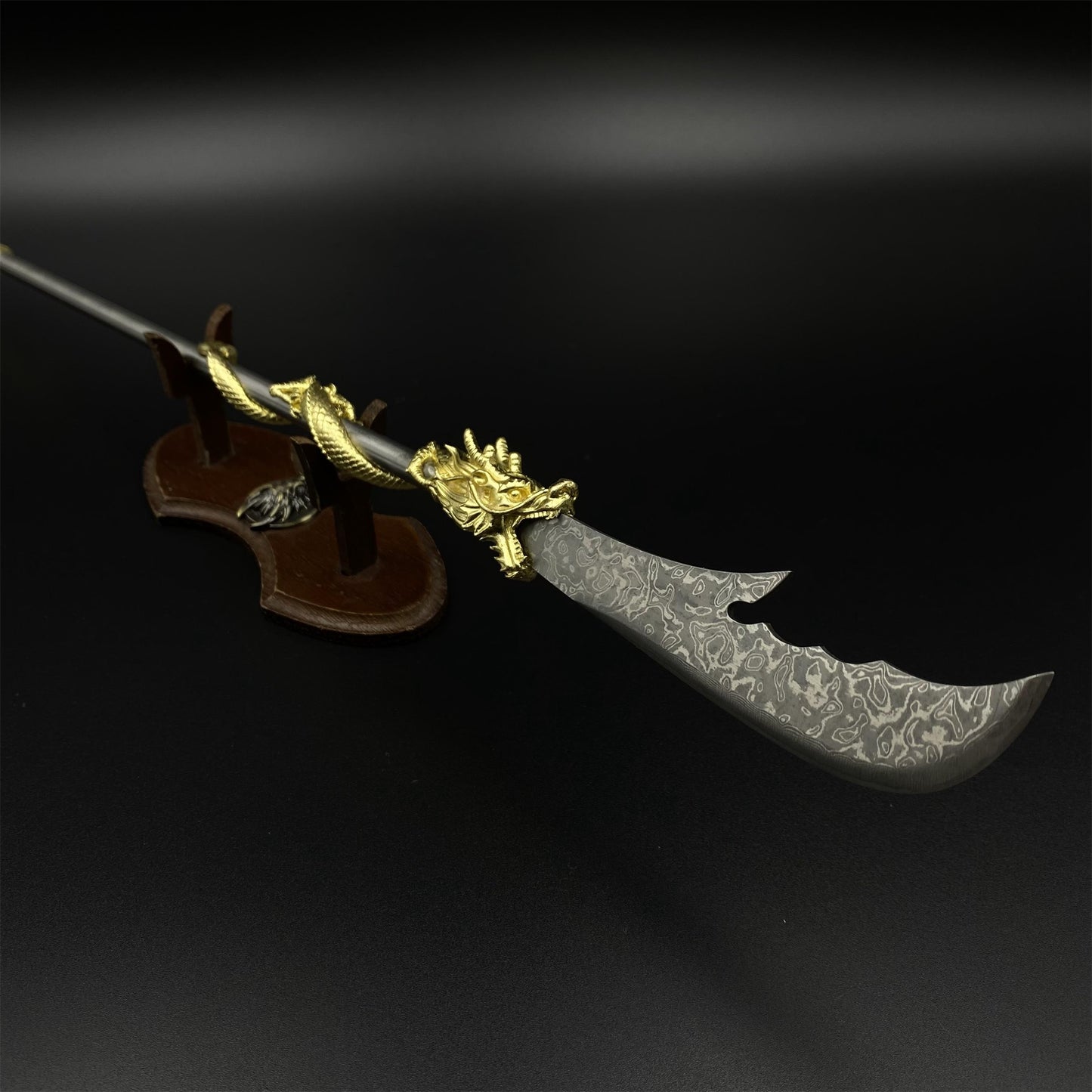 Hand-Forged Damascus Steel Golden Dragon Guan Dao Miniature 41CM/16.1"