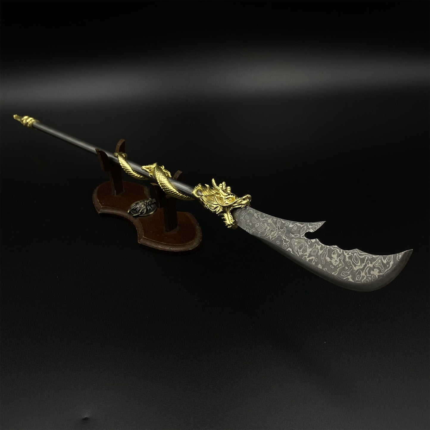 Hand-Forged Damascus Steel Golden Dragon Guan Dao Miniature 41CM/16.1"