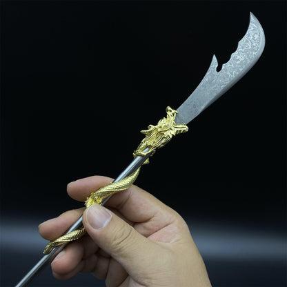 Hand-Forged Damascus Steel Golden Dragon Guan Dao Miniature 41CM/16.1"