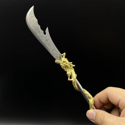 Hand-Forged Damascus Steel Golden Dragon Guan Dao Miniature 41CM/16.1"