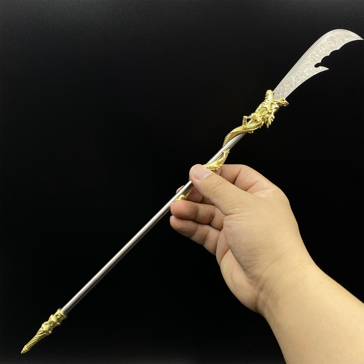 Hand-Forged Damascus Steel Golden Dragon Guan Dao Miniature 41CM/16.1"