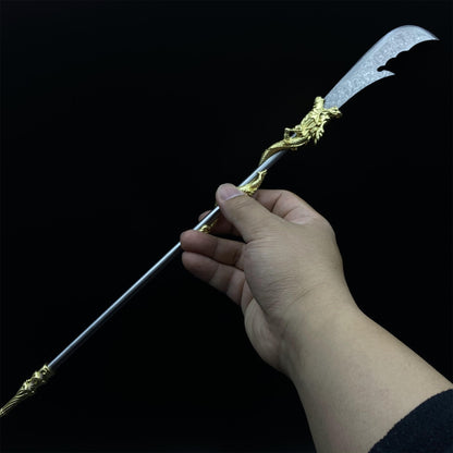 Hand-Forged Damascus Steel Golden Dragon Guan Dao Miniature 41CM/16.1"
