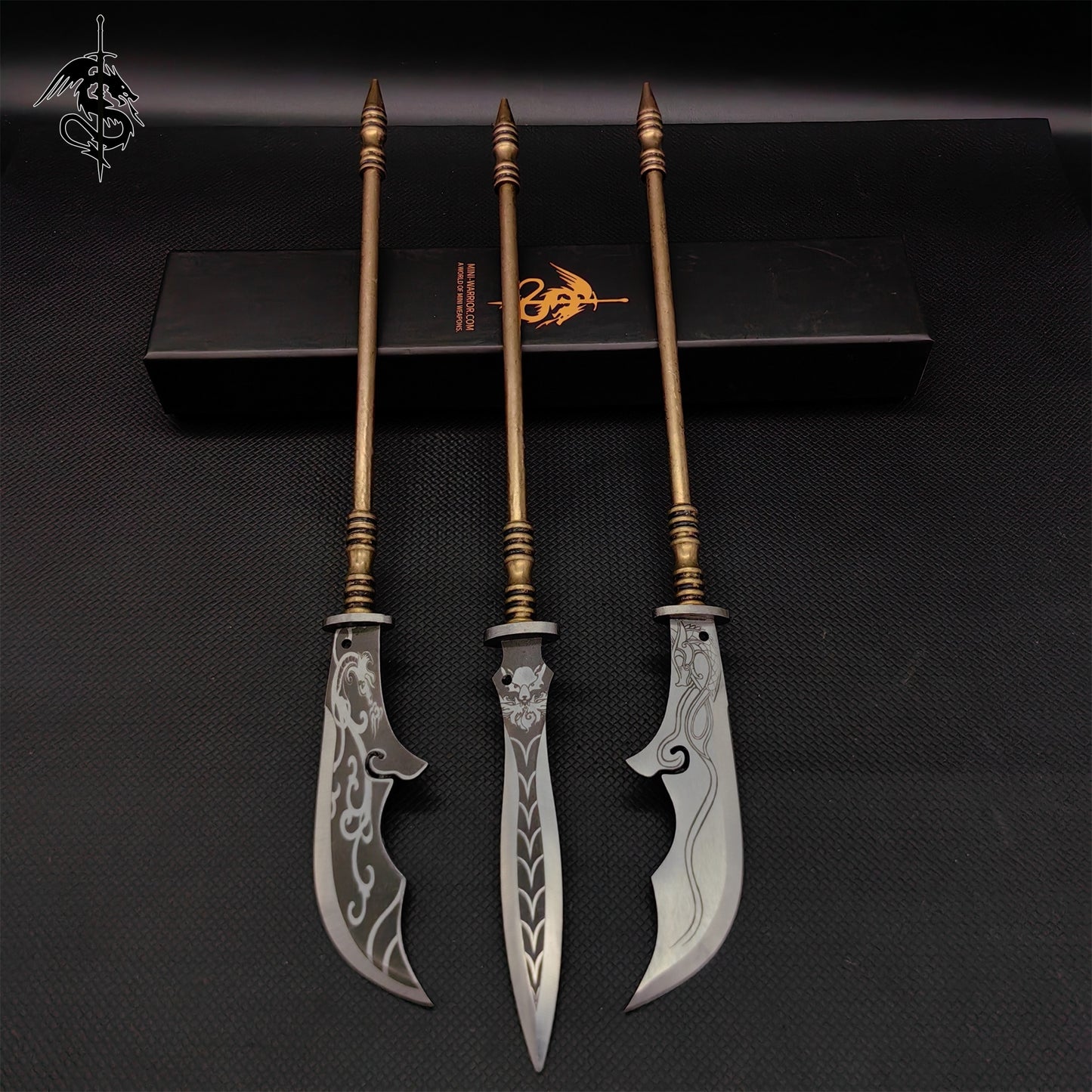 Hand-Forged Miniature Ancient Brass Long Handle Weapon 3 In 1 Pack & Stand