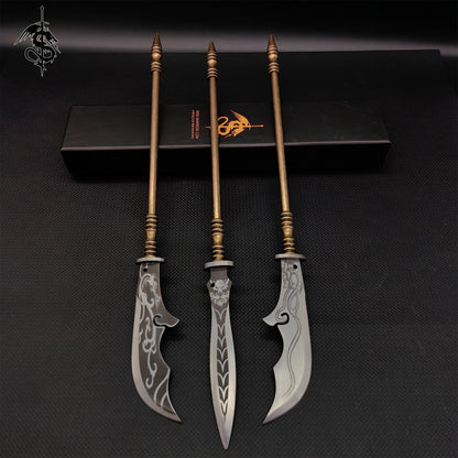 Hand-Forged Miniature Ancient Brass Long Handle Weapon 3 In 1 Pack & Stand