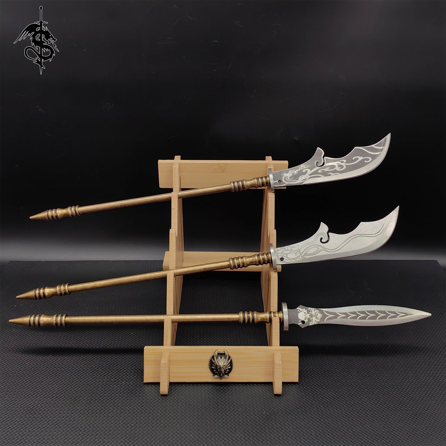 Hand-Forged Miniature Ancient Brass Long Handle Weapon 3 In 1 Pack & Stand