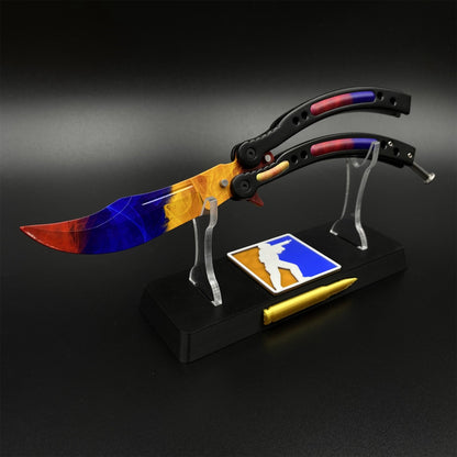 CS2 Butterfly Knife Marble Fade Balisong Replica - Collectible Prop with Display Stand