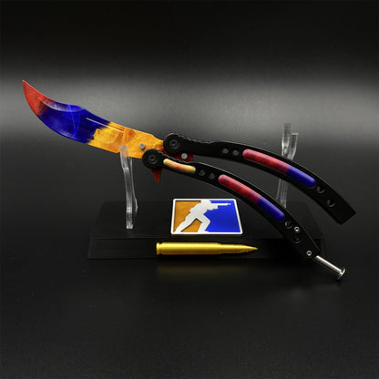 CS2 Butterfly Knife Marble Fade Balisong Replica - Collectible Prop with Display Stand