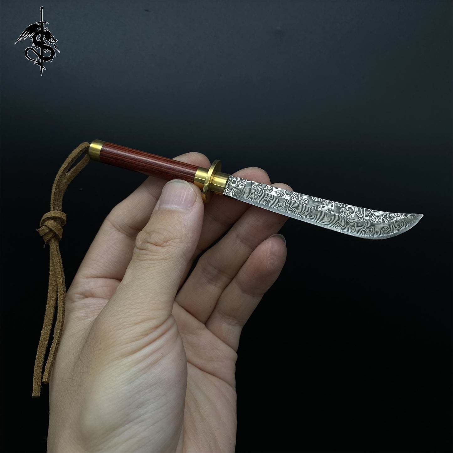 Damascus Steel Long Knife Wood Handle Portable Pocket Knife