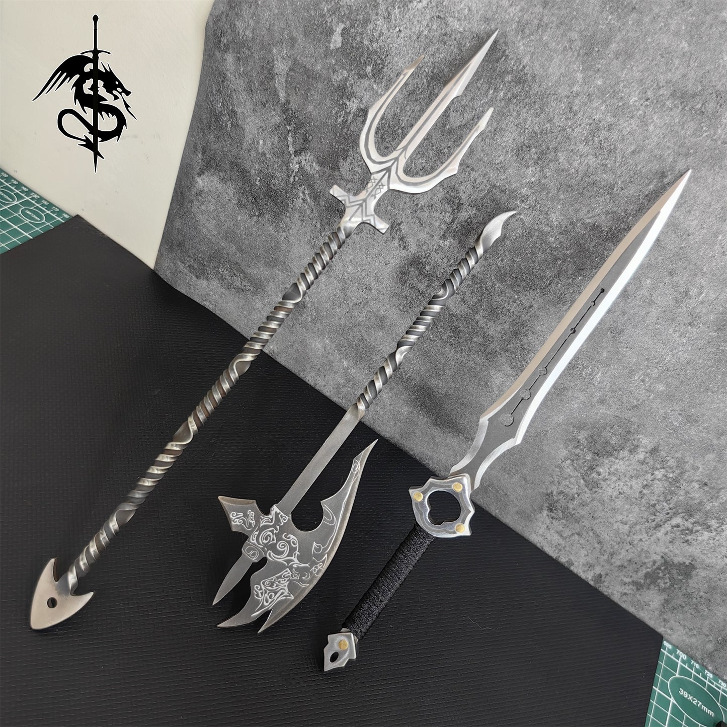 Handmade Steel Atlantis Trident Ebony Axe Infinity Sword Collection