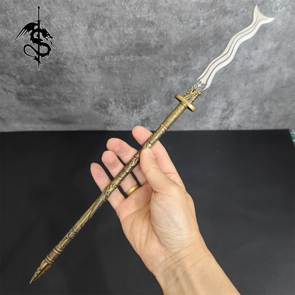 Hand-Forged Miniature Ancient Brass Long Handle Weapons Gift Wooden Case