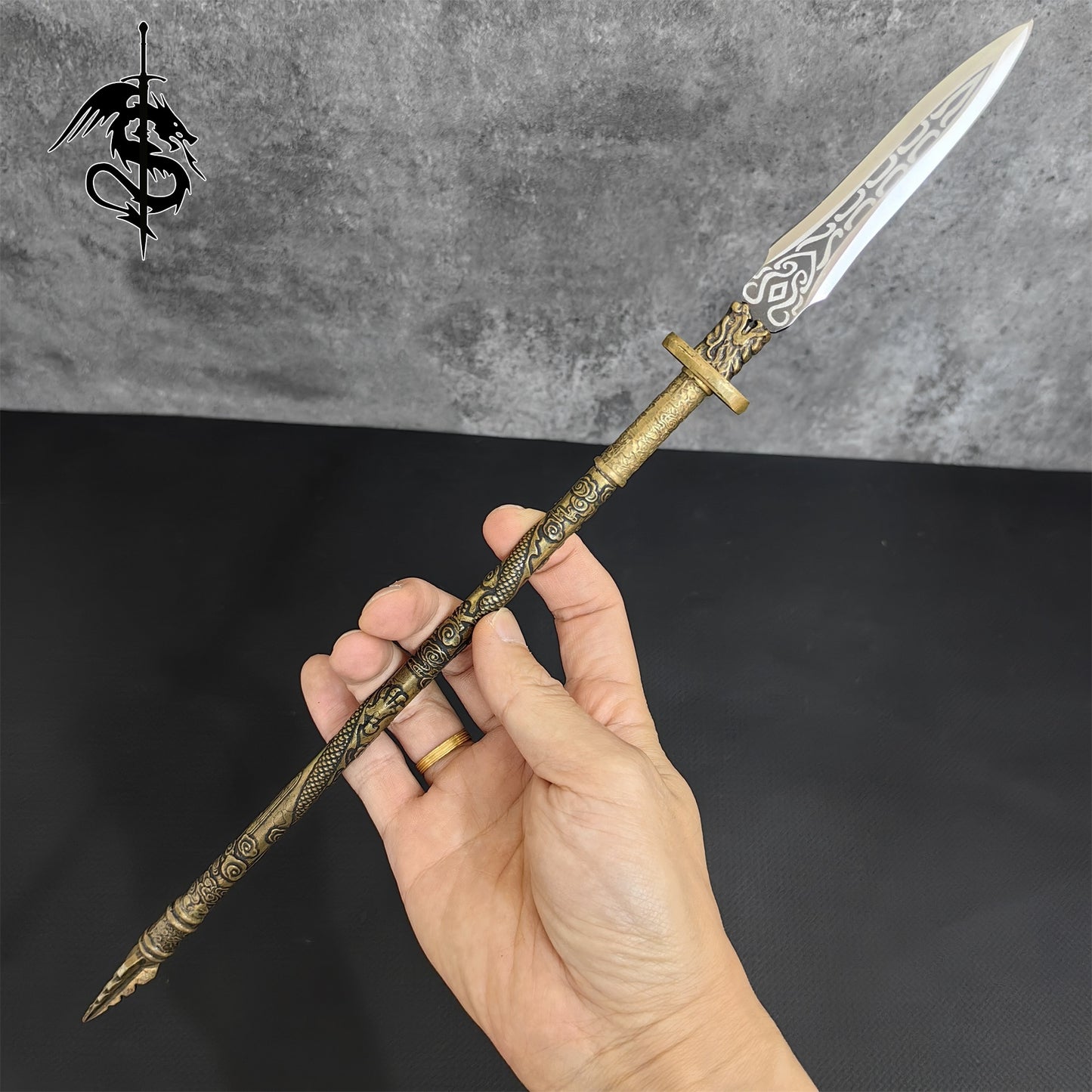 Hand-Forged Miniature Ancient Brass Long Handle Weapons Gift Wooden Case